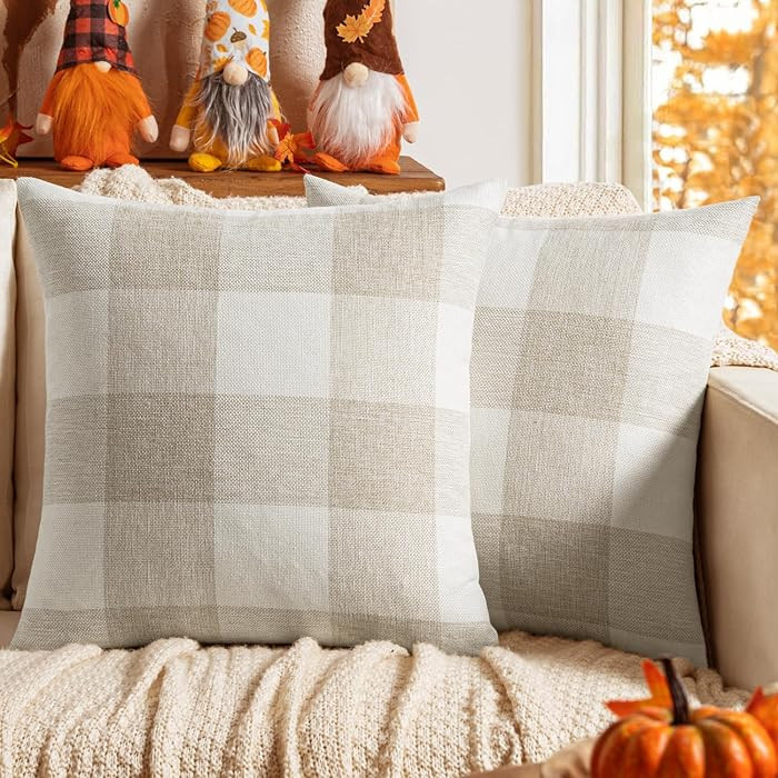MIULEE Fall Plaid Pillow Covers 18x18 Cream White and White Pack of 2 | Amazon (US)