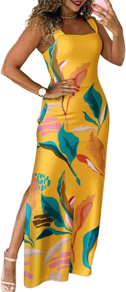 CHICME Women's Summer Maxi Dress Casual Thick Strap Square Neck Boho Sundress Split Vacation Dres... | Amazon (US)