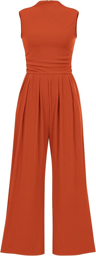 Pretty Garden Womens Summer One Piece Sleeveless Mock Neck Wide Leg Pants Rompers With Pockets | Amazon (US)
