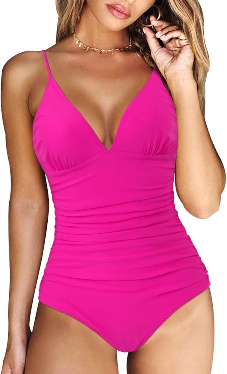 RXRXCOCO Women V Neck One Piece Swimsuits Tummy Control Ruched Swimwear Halter Bathing Suit | Amazon (US)