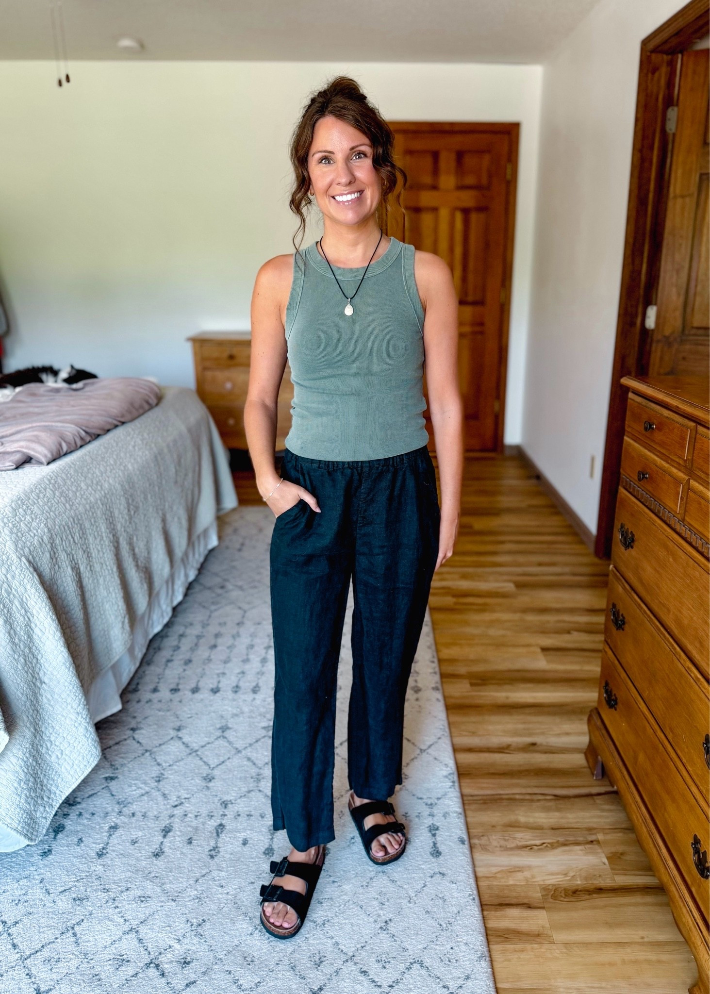 small in my bra, small in my tank, and xs in my linen pants. My sandals are size 6.

#LTKPetite #LTKgrwm #LTKootd