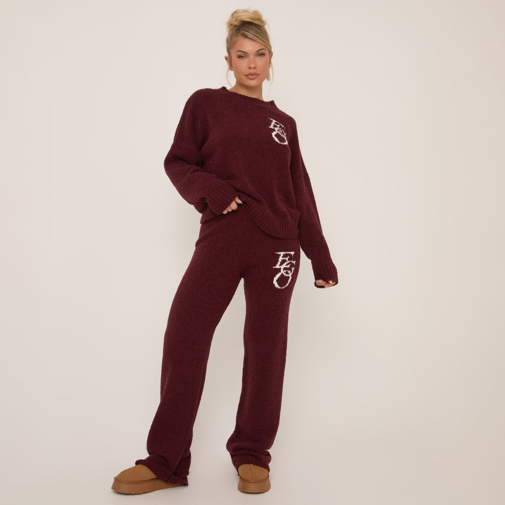 Mid Waist Ego Graphic Straight Leg Trousers In Burgundy Knit | EGO (UK)