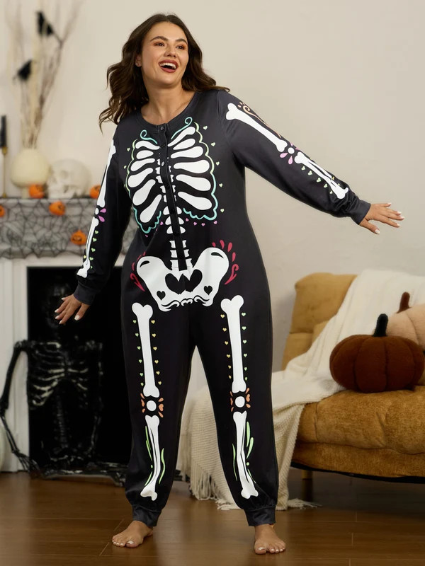 Supersoft Halloween Skeleton Button‑Front Lounge Jumpsuit | Bloomchic