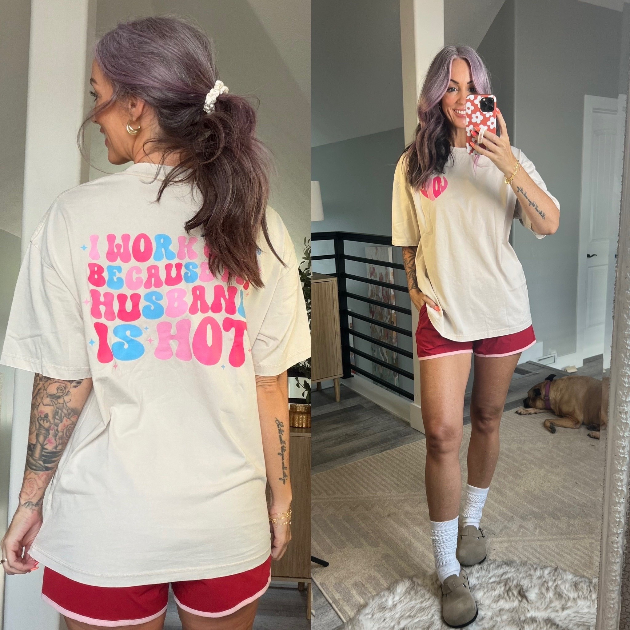 New t for the gym says: I work out because my husband is hot. Very true. 😉 wearing size L. Shorts are from a two piece active set, size M.

#LTKOver40