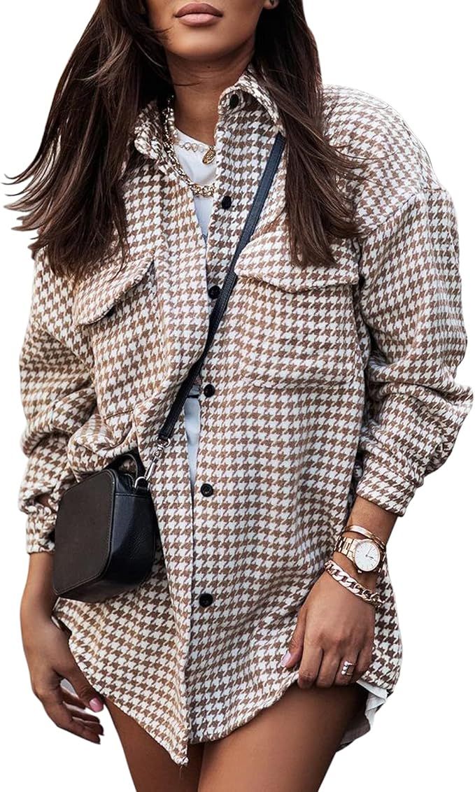 Womens Plaid Jacket Long Sleeve Lapel Button-Down Shirts Wool Blend Shacket Coat Casual Tops Outw... | Amazon (US)