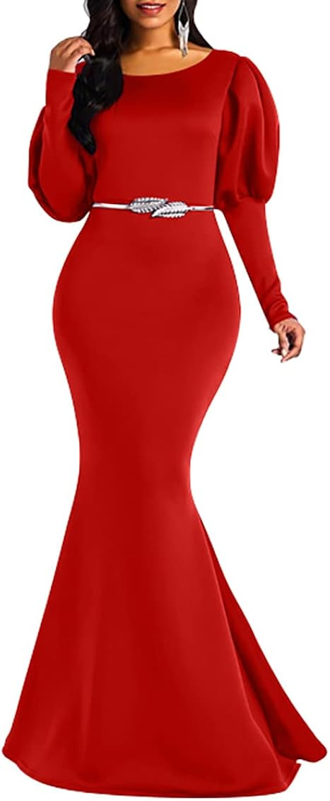 Memoriesea Women's Elegant Long Puff Sleeve Crew Neck Bodycon Mermaid Evening Gown Maxi Dress | Amazon (US)