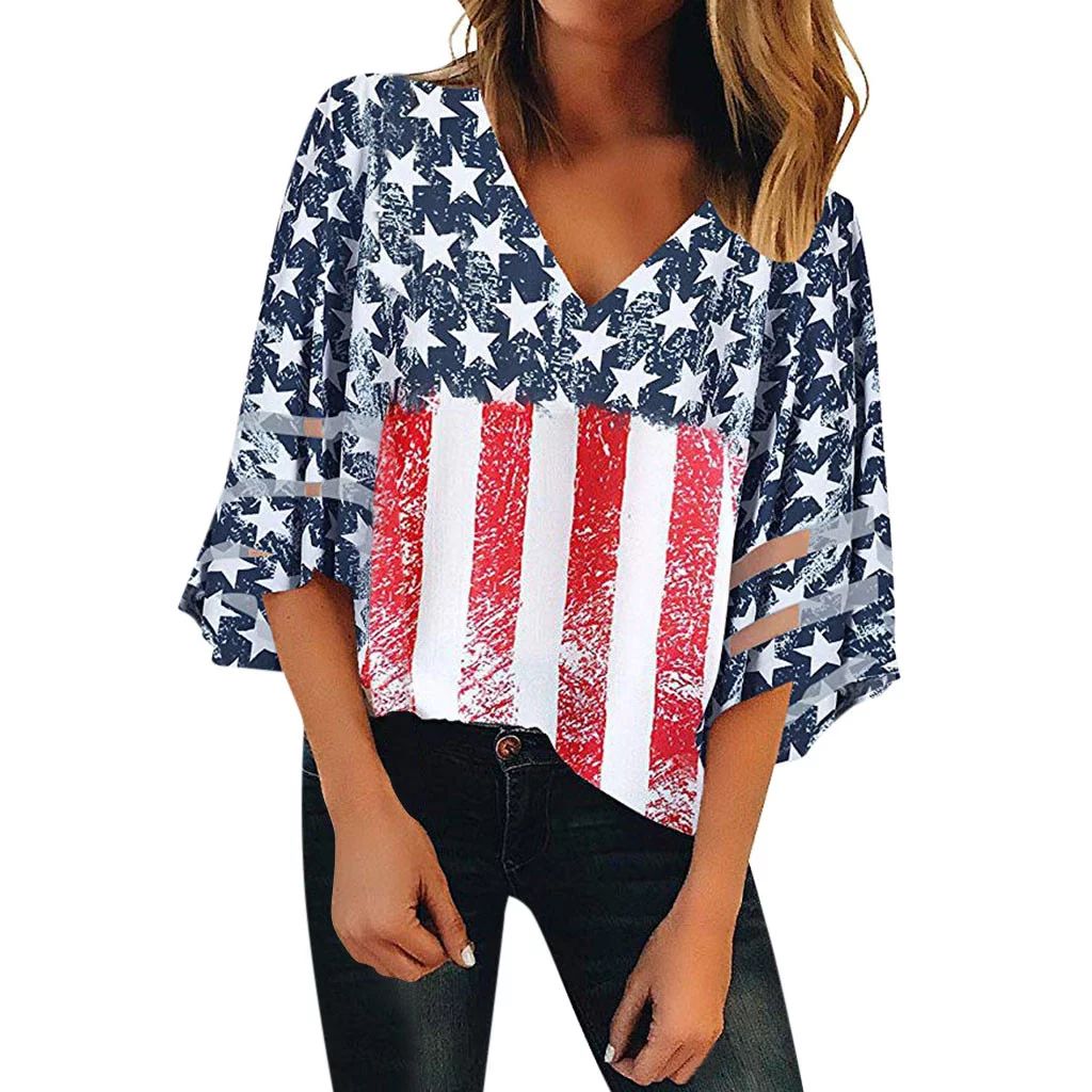 QunButy American Flag Shirt Women 4th of July T Patriotic Shirts V-neck Short Sleeve Tunic Summer... | Walmart (US)
