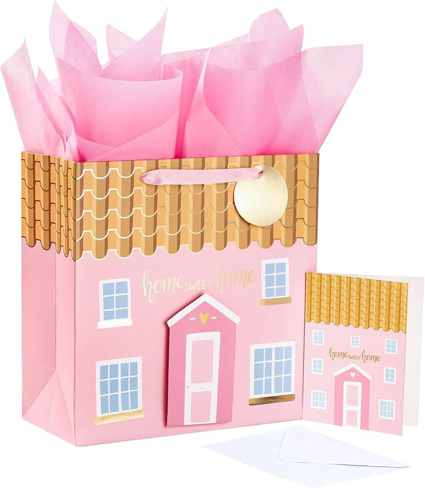 LeZakaa 10.4" Pink Gift Bag with Tissue Paper, Gift Tag and Card - Home Sweet Home with House 3D ... | Amazon (US)