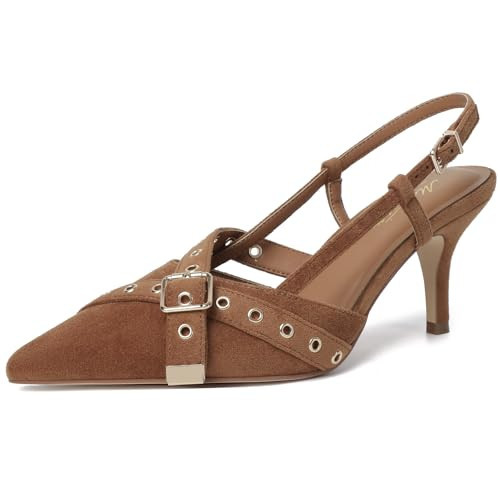 Mostrin Brown Suede Slingback Kitten Heels for Women Studded Heeled Pumps Pointed Closed Toe Heels Vintage Stiletto Pumps Shoes | Amazon (US)
