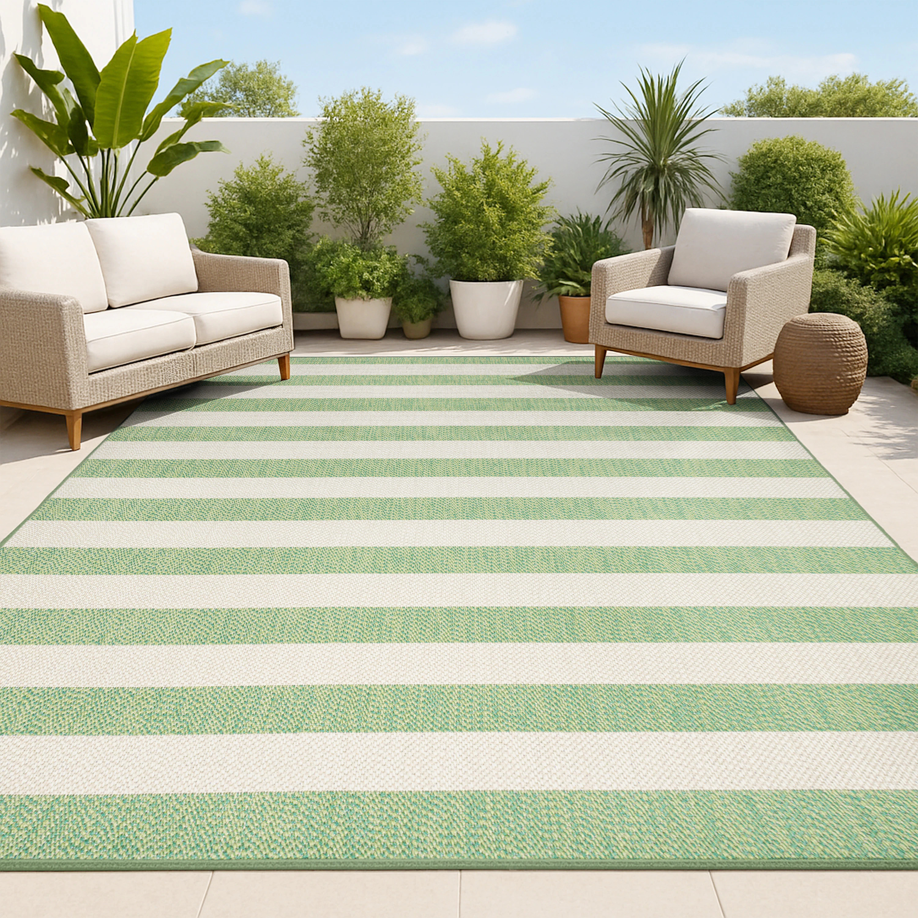 JONATHAN Y SANTA MONICA Negril Two-Tone Wide Stripe 4 x 6 (ft) Loomed Polypropylene Green/Cream Rectangular Indoor/Outdoor Stripe Mid-Century Modern | Lowe's