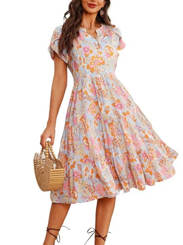 Fashionme Womens Summer Dresses Casual Floral Boho Midi A Line Elegant Flowy Sundress Beach Vacation Church Short Sleeve with Pockets Tiered Patchwork V Neck Button Down Pleated T Shirt Modest Dress | Amazon (US)