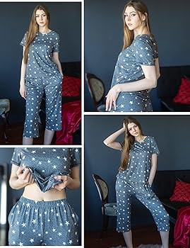 Ekouaer Women's Sleepwear Capri Pajama Sets Short Sleeve Two-Piece Pjs V Neck Tops & Capri Pants ... | Amazon (US)