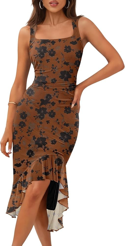 MEROKEETY Women's Summer Floral Bodycon Dress Square Neck Sleeveless Ruffle Hem Cocktail Mesh Mid... | Amazon (US)