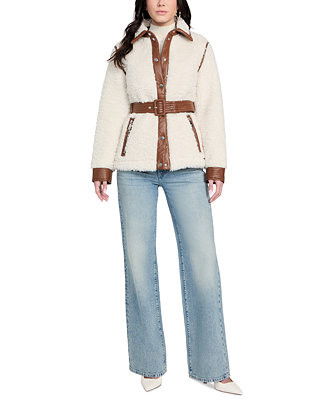 GUESS Women's Belted Faux-Shearling Coat - Macy's | Macy's