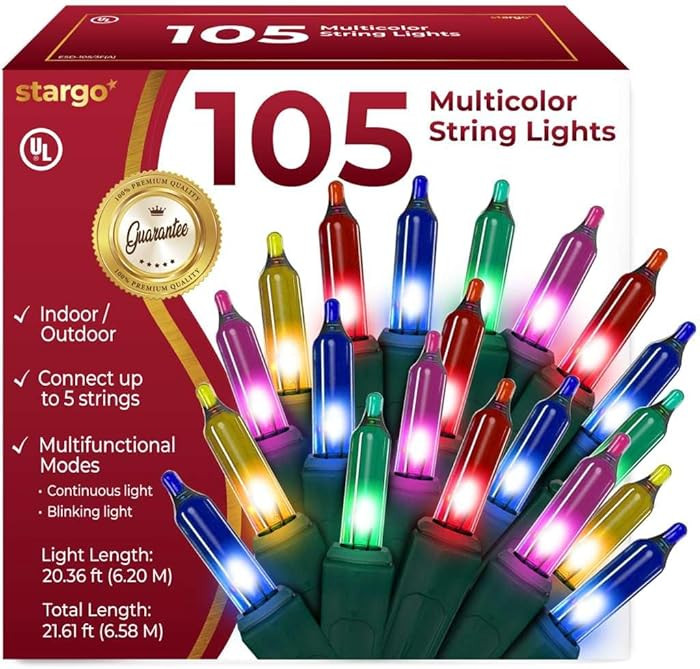 Warm Multi Color Christmas Lights - 20 ft String of 105 Incandescent Mini Bulbs Multifunctional L... | Amazon (US)
