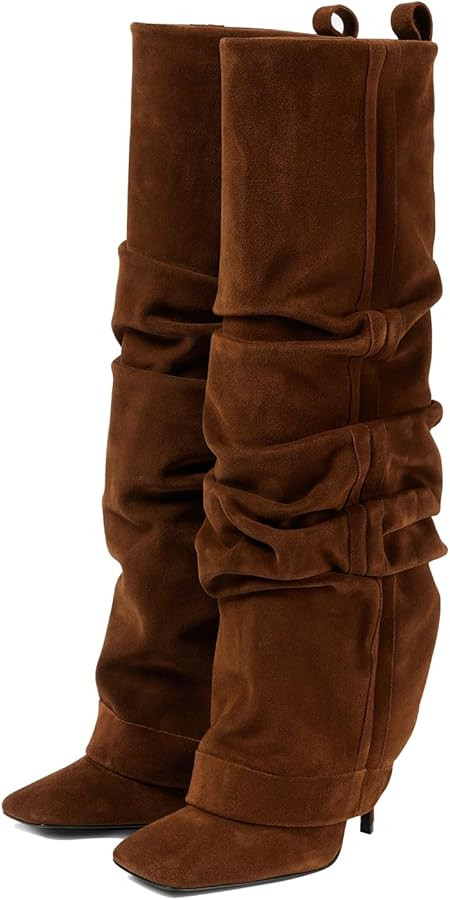 Fold Over Knee High Boots Brown Suede Wide Calf Stiletto Shark Boots Square Toe Pull On Riding He... | Amazon (US)