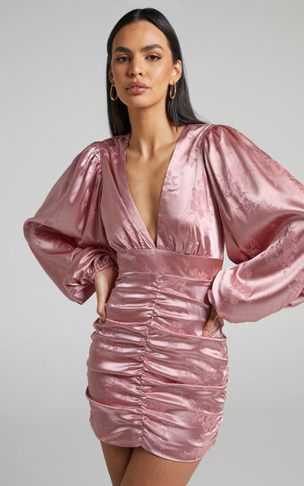 Richmond Mini Dress - Long Sleeve Ruched Dress in Dusty Pink | Showpo (US, UK & Europe)