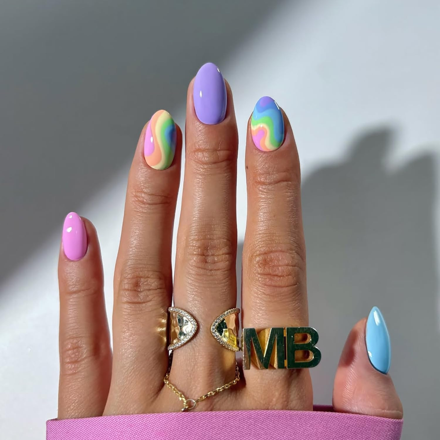 Short Press On Nails Almond Fake Nails Blue Pink Nail Press Ons With Colorful Stripe Designs Full... | Amazon (US)