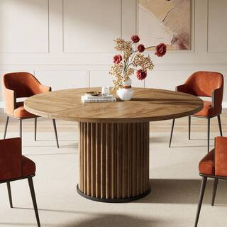 Alan 47 in. Modern Brown Wood Pedestal Dining Table Round Dinner Kitchen Table with Fluted Metal Base Seat 4 | The Home Depot
