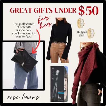 Great gifts under $50 
The black electric toothbrush is on cyber Monday deals.  I own and love it !! 
I’m ordering that puffer bag for gifts and myself!! 
Free people scarf is a good one!! 

#LTKGiftGuide #LTKCyberWeek #LTKfindsunder50