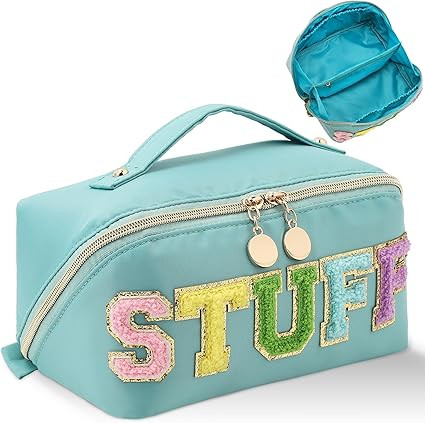 Stoney Clover Preppy Makeup Bag, Large Capacity Travel Cosmetic Bag, Chenille Letter Open Flat Ny... | Amazon (US)