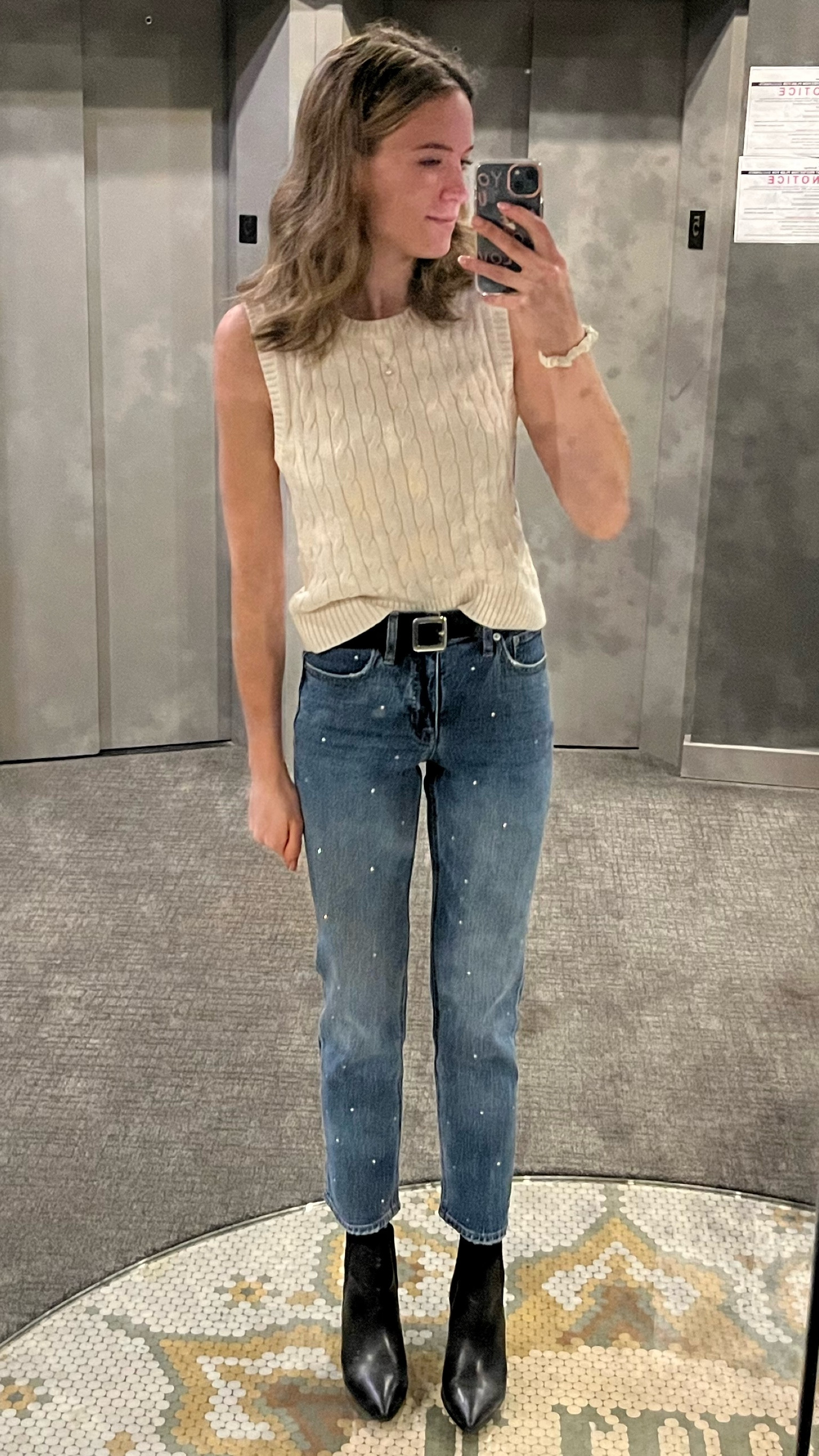 Rhinestone Jeans!!!! These are by far my favorite jeans that I own. Paired with a cable knit sleeveless sweater, black booties and a belt! Shoes are Steve Madden booties from 2019. 

NYC OUTFITS | WINTER OUTFIT | SWEATER VEST OUTFIT | ANKLE JEANS OUTFIT | NYC STYLE | WORK STYLE | CASUAL CUTE 

#LTKstyletip #LTKSeasonal