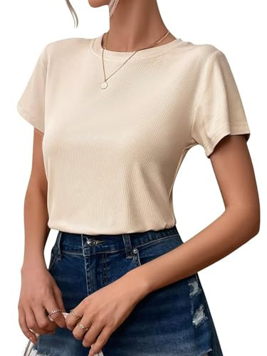 Ridshy Short Sleeve T Shirts for Women Fitted Crew Neck Tshirt Basic Ribbed Tees Shirts Fashion Casual Tops Summer Beige L | Amazon (US)