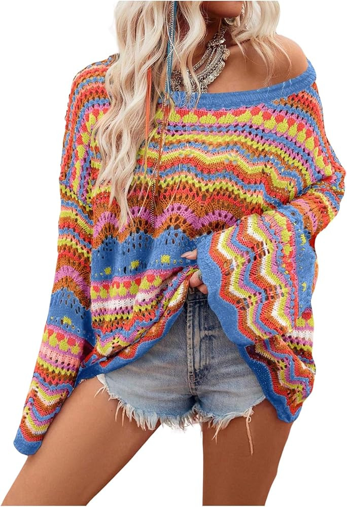 COZYEASE Women's Oversized Colorful Sweater Drop Shoulder Pullover Crochet Hollow Fall Outfit Swe... | Amazon (US)