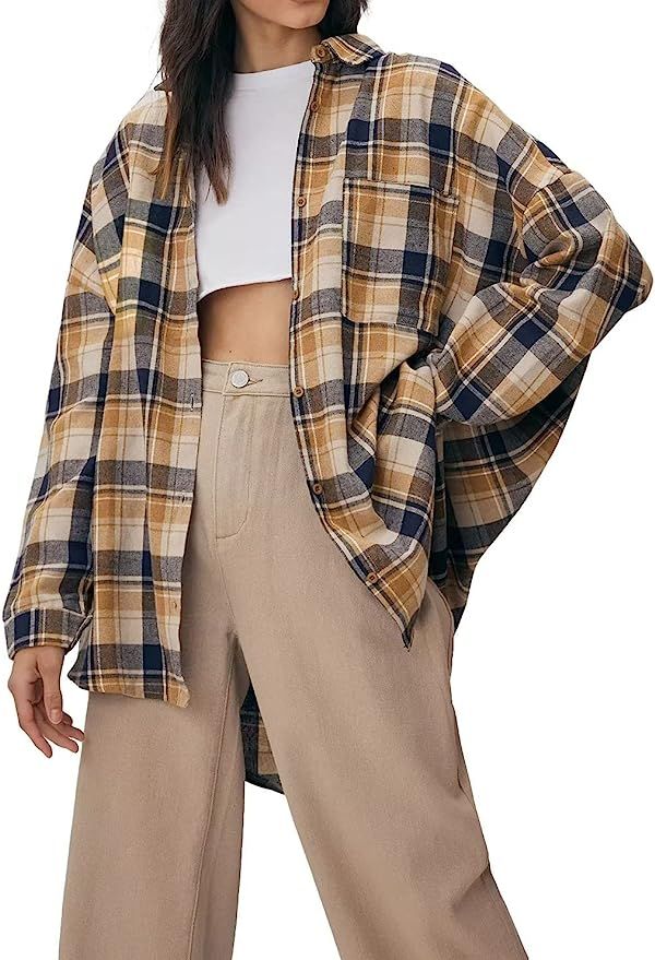 Lacozy Womens Buffalo Plaid Flannel Shirt Long Sleeve Collar Button Down Blouses Tops | Amazon (US)