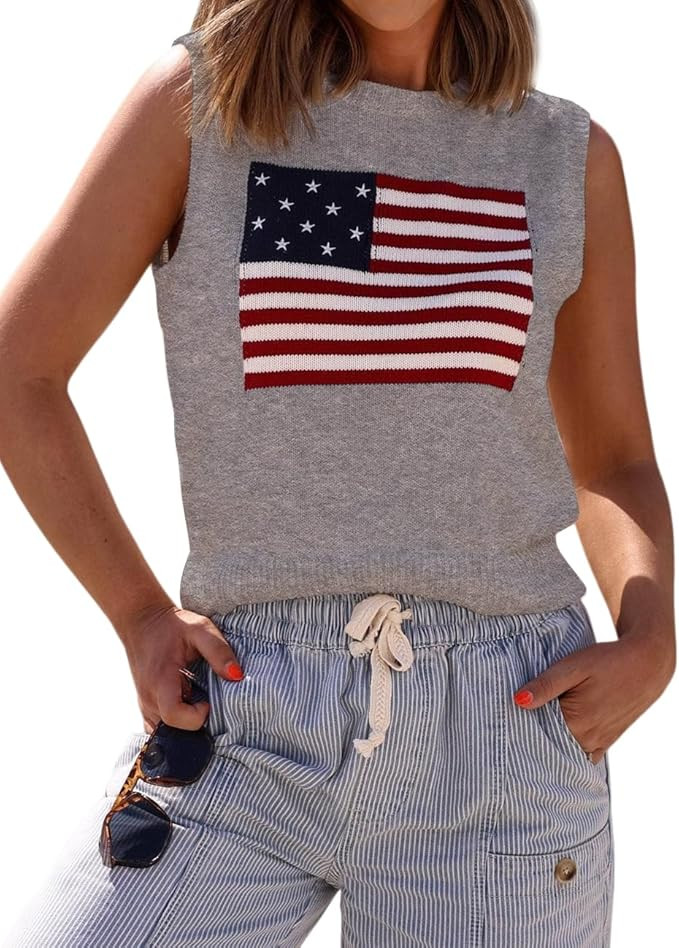 Amazon.com: Dressmine Women’S Sleeveless Pattern Sweater American Flag Vest Knit Lightweight Ro... | Amazon (US)