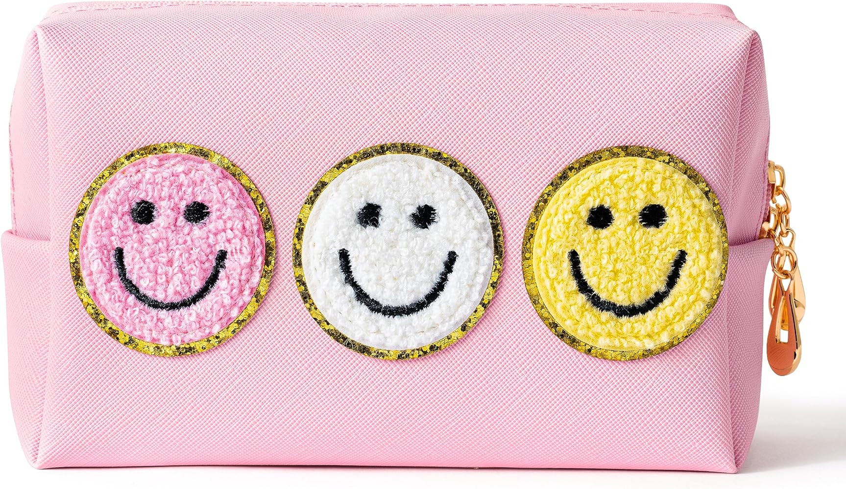 Preppy Smile Cosmetic Toiletry Bag - Pink Patch Varsity Makeup Bag with Zipper Aesthetic Waterpro... | Amazon (US)