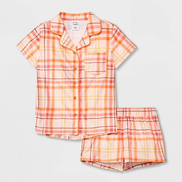 Girls' Plaid Striped Short Sleeve Pajama Set - art class™ Pink/Orange | Target