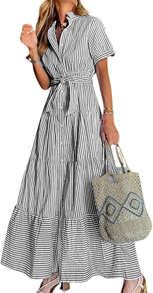 utcoco Womens Casual Short Sleeve Button Down Tie Waist Ruffled Striped Maxi Shirt Dress | Amazon (US)