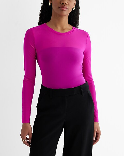 Mesh Crew Neck Long Sleeve Bodysuit | Express