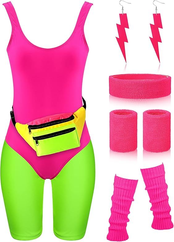 Women 80s Workout Costume Outfit Accessories Set Leggings Headband Wristbands Fanny Pack Leg Warmers | Amazon (US)