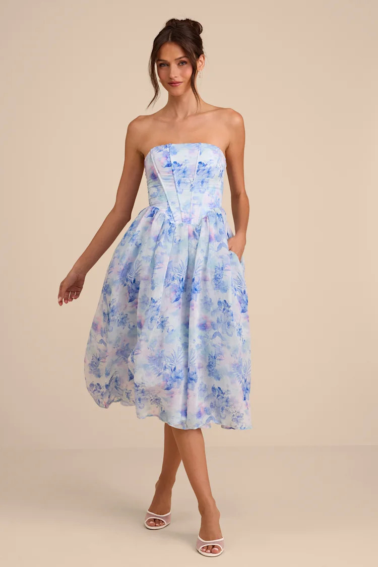 Eulalia Light Blue Floral Lace-Up Strapless Bustier Midi Dress | Lulus