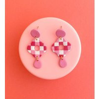 Pink Checkered Earrings + Handmade Lightweight Polymer Clay Summer Dangles Delicate Cutout Earrings Teardrop Detail Fun Jewelry | Etsy (US)