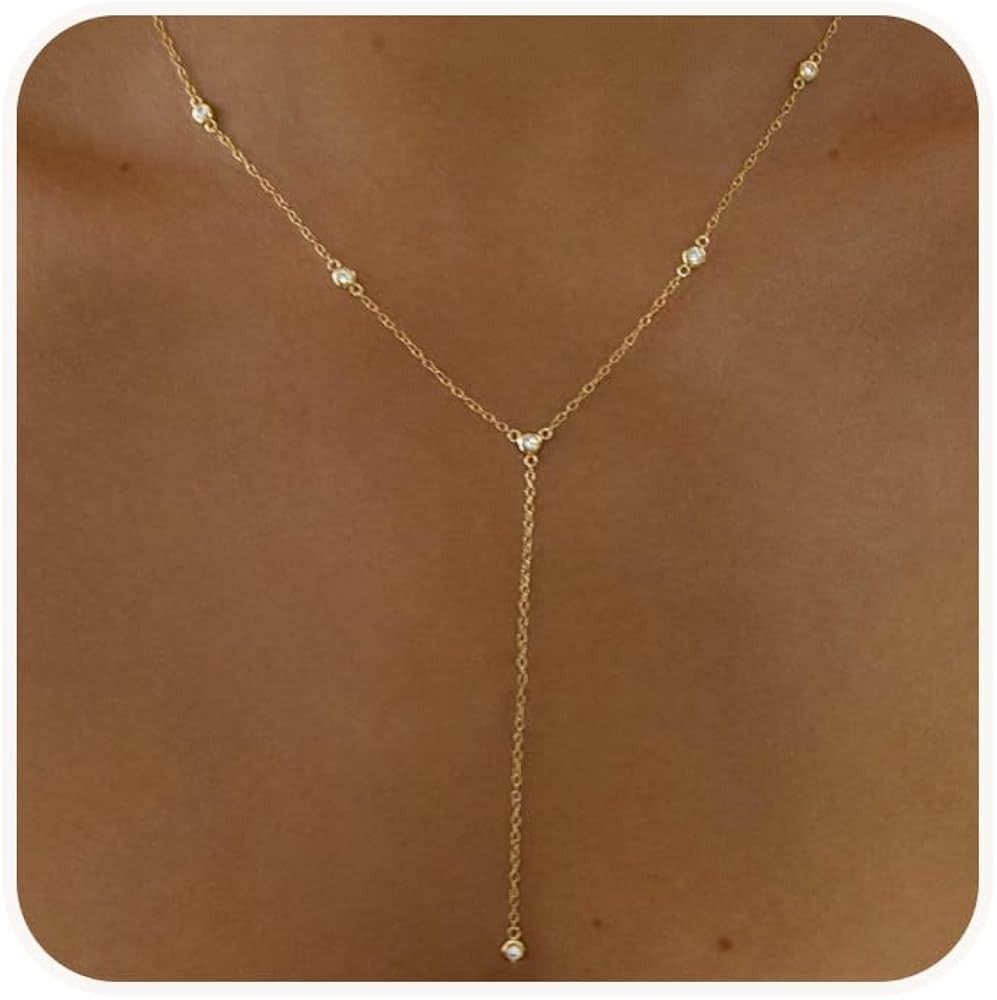 Gold Necklace for Women, Dainty Long Necklace 14k Gold Plated Lariat Long Necklaces for Women Tre... | Amazon (US)