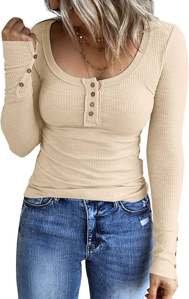 Kissfix Women's Long Sleeve Shirts Casual Fall Henley Top Button Down Blouses Basic Ribbed Knit T... | Amazon (US)