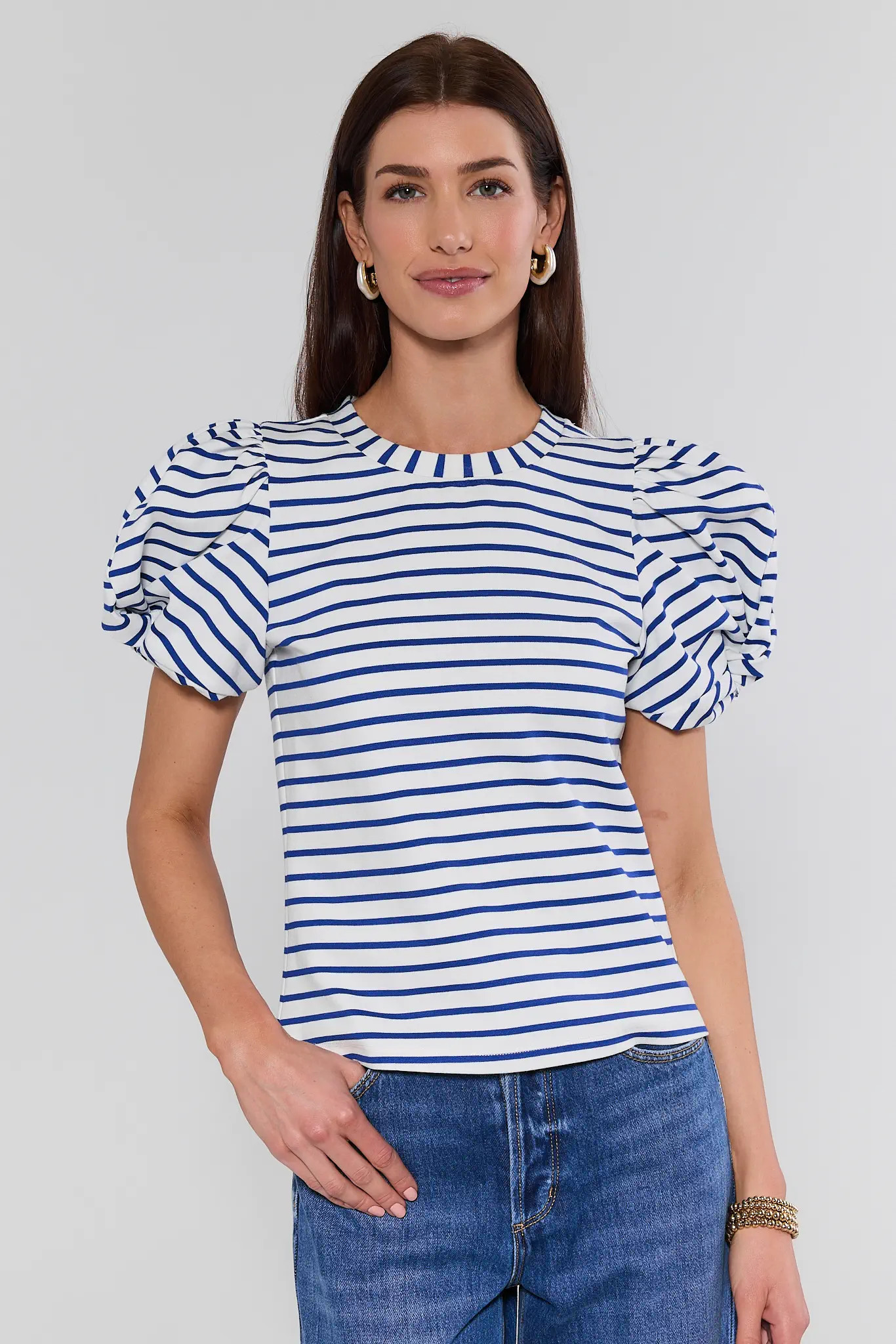 Payton Blue Striped Puff Sleeve Top | Avara