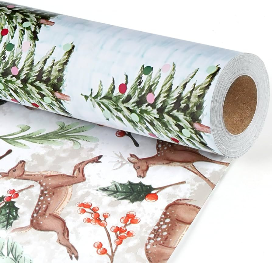 BIOBROWN Christmas Wrapping Paper Doe Floral and Tree Design Gift Wrap | Amazon (US)