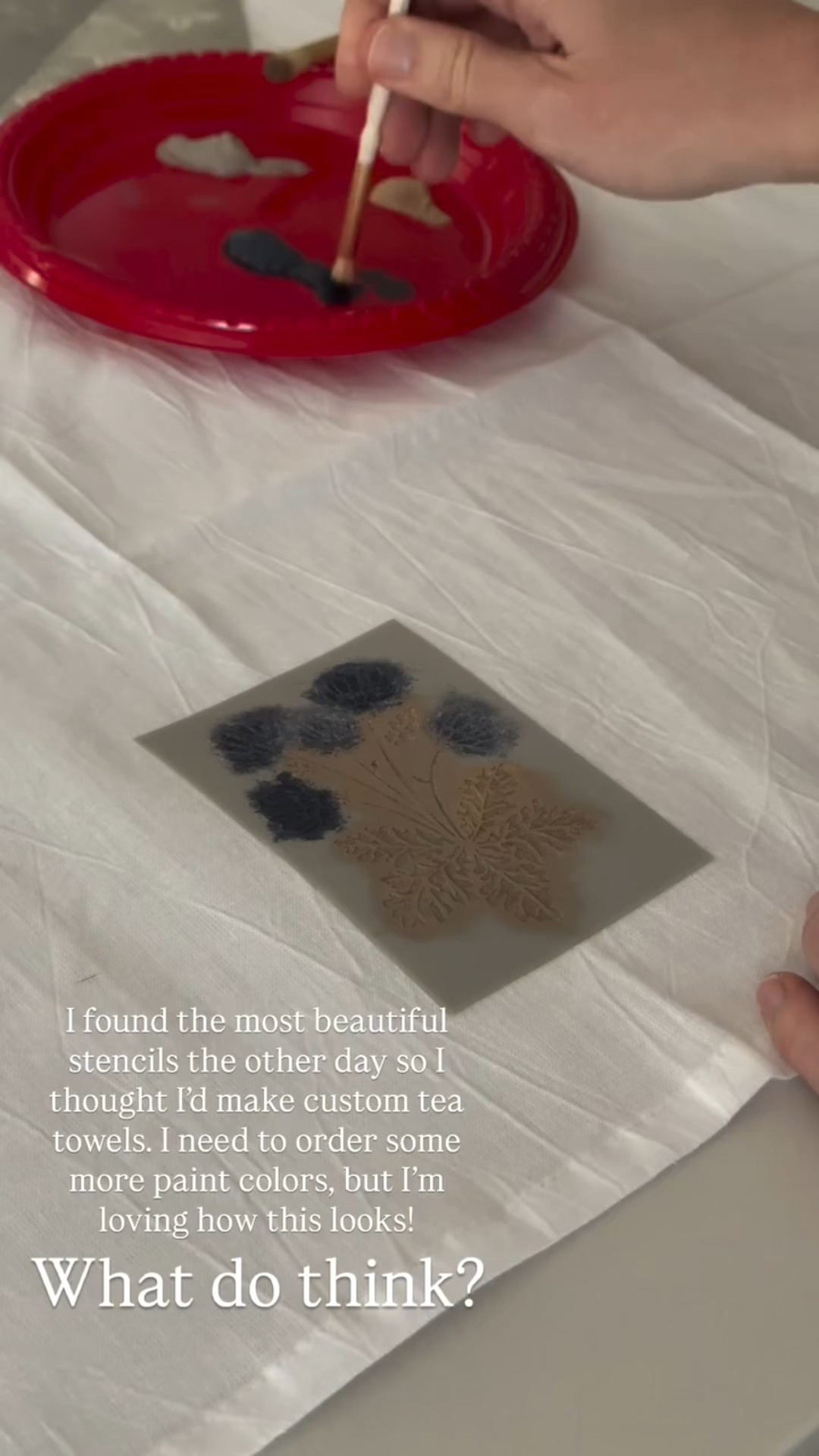 I found the most beautiful stencils the other day so I thought I’d make custom tea towels. I need to order some more paint colors, but I’m loving how this looks! What do think?