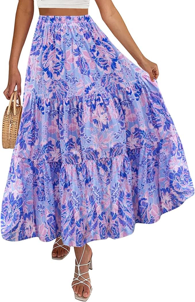 ZESICA Women's 2024 Summer Plaid Flower Print Elastic High Waist Flowy A Line Maxi Skirt with Poc... | Amazon (US)