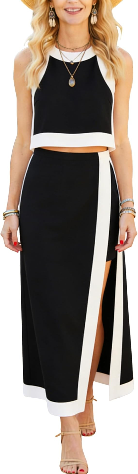 2 Piece Sets for Women Summer Sleeveless Skirt Sets Outfits Color Block Crewneck Skort Set with P... | Amazon (US)
