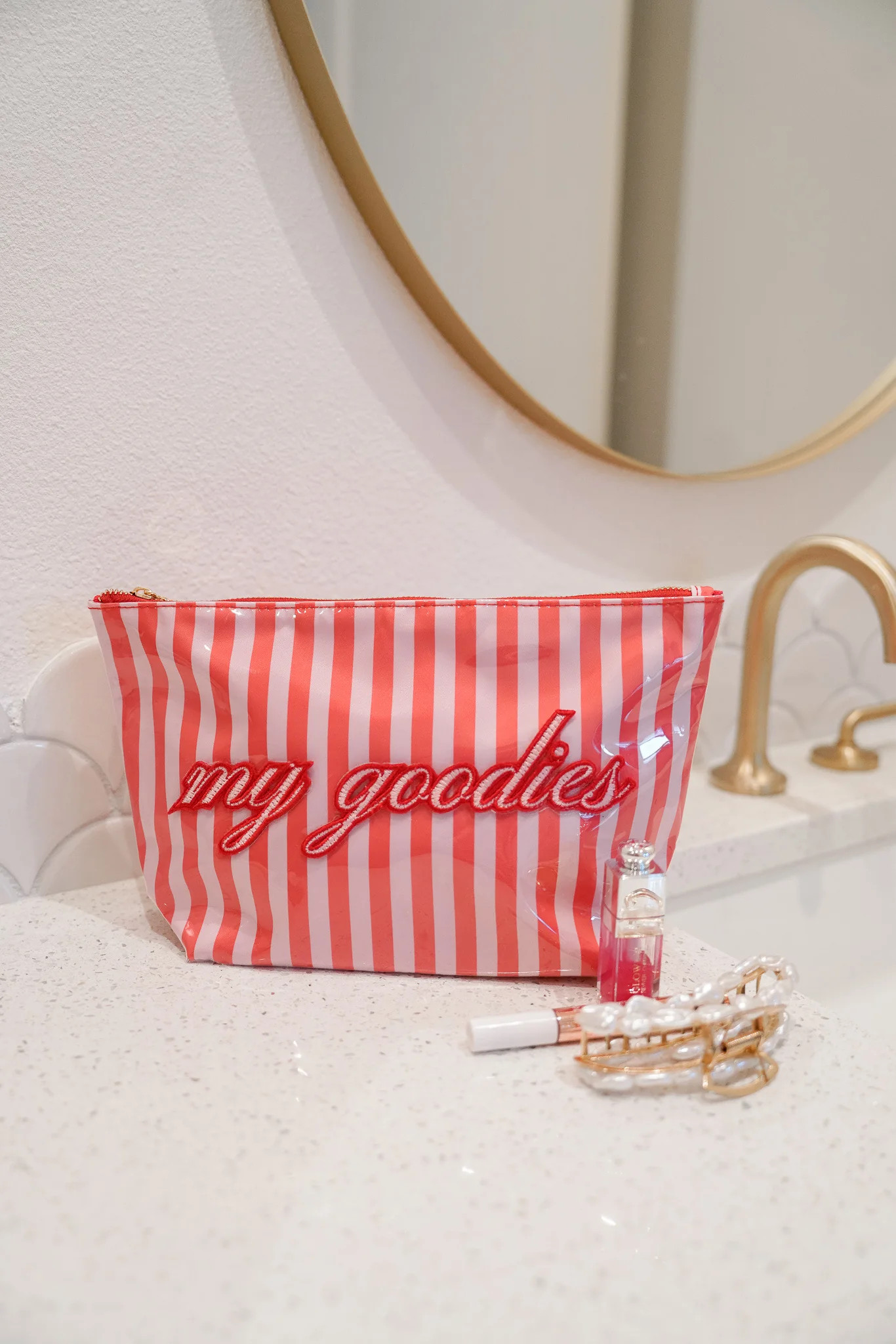 My Goodies - Pink & Red Stripes Clear Coat Bag | KenzKustomz