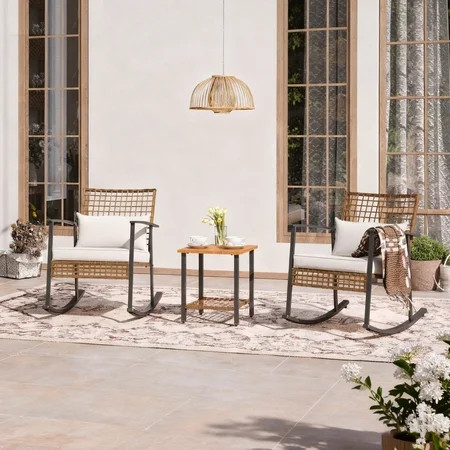 LAUSAINT HOME 3 Pieces Rocking Patio Bistro Set, Wicker Outdoor Conversation Set with Cushions and Coffee Table for Backyard, Poolside, Porch, Balcony | Walmart (US)