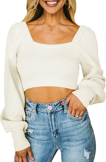 LaSuiveur Women Long Sleeve Cropped Sweater Tops Square Neck Solid Knit Pullovers | Amazon (US)