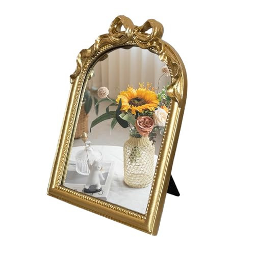 Oujchenghome Vintage Vanity Desk Mirror - 13x10 Inch Wall-Mounted & Tabletop Decorative Ornate Gold Accent Retro Makeup Mirror for Bedroom Dresser Bathroom Living Room Dorm(Gold, 13" L x 10" W Bow) | Amazon (US)