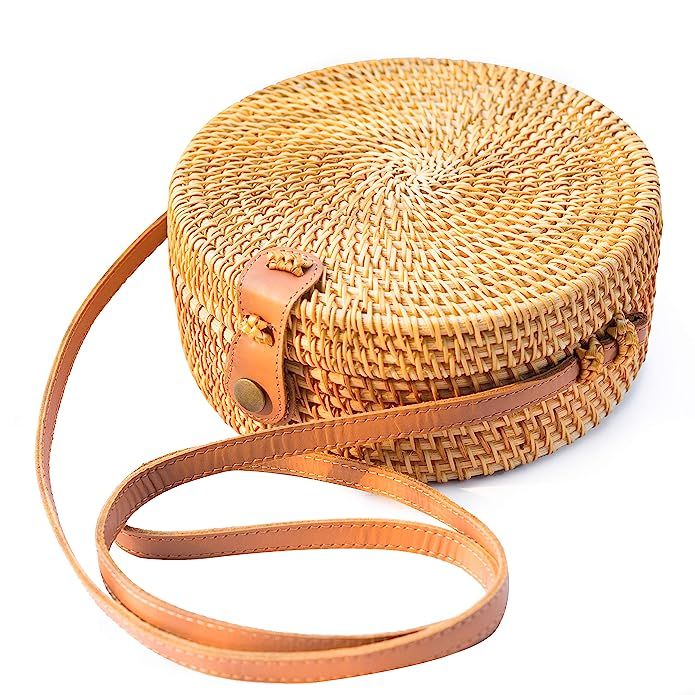 Handwoven Round Rattan Bag Shoulder Leather Straps Natural Chic Hand NATURALNEO | Amazon (US)