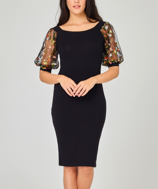 Black Floral-Mesh Puff-Sleeve Bodycon Dress - Women | Zulily